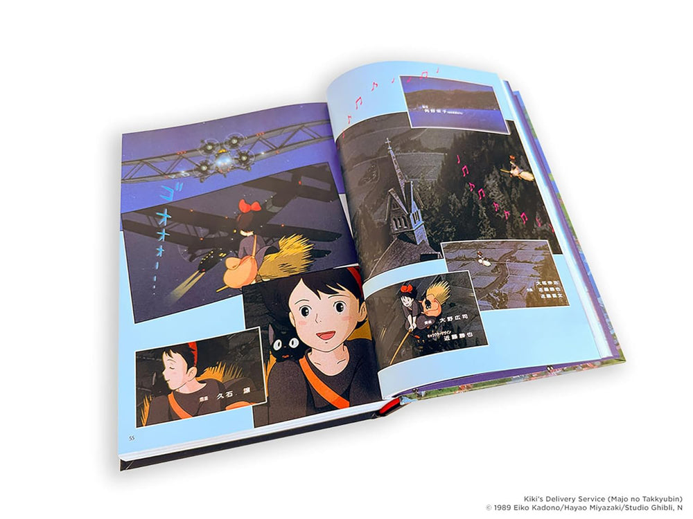 Open book showing animated characters and scenes on a white background from Studio Ghibli's Kiki's delivery service movie