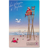 A magnet featuring an illustration of a person on a beach chair with seagulls and a crab. Text on the magnet reads 'Les plages d'Agnès'.