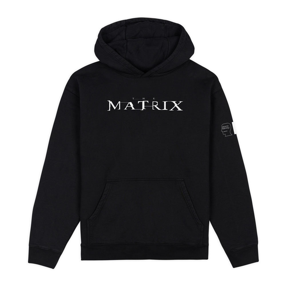 Black hoodie with 'The Matrix' logo on a white background. Exclusive graphic designed by Brain Dead Studios at the Academy Museum.
