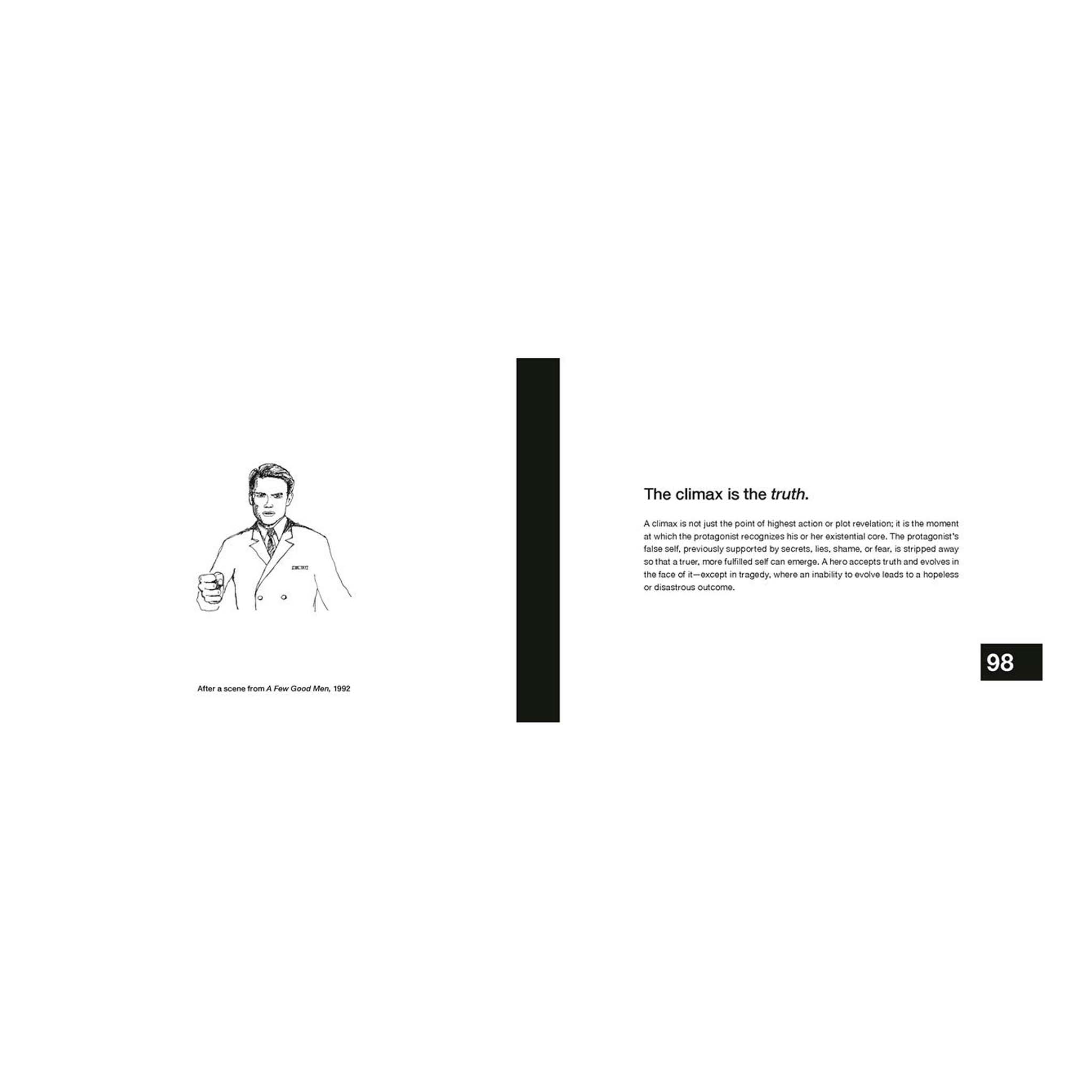 Page from a book or magazine with a black and white illustration of a person and text on a white background.