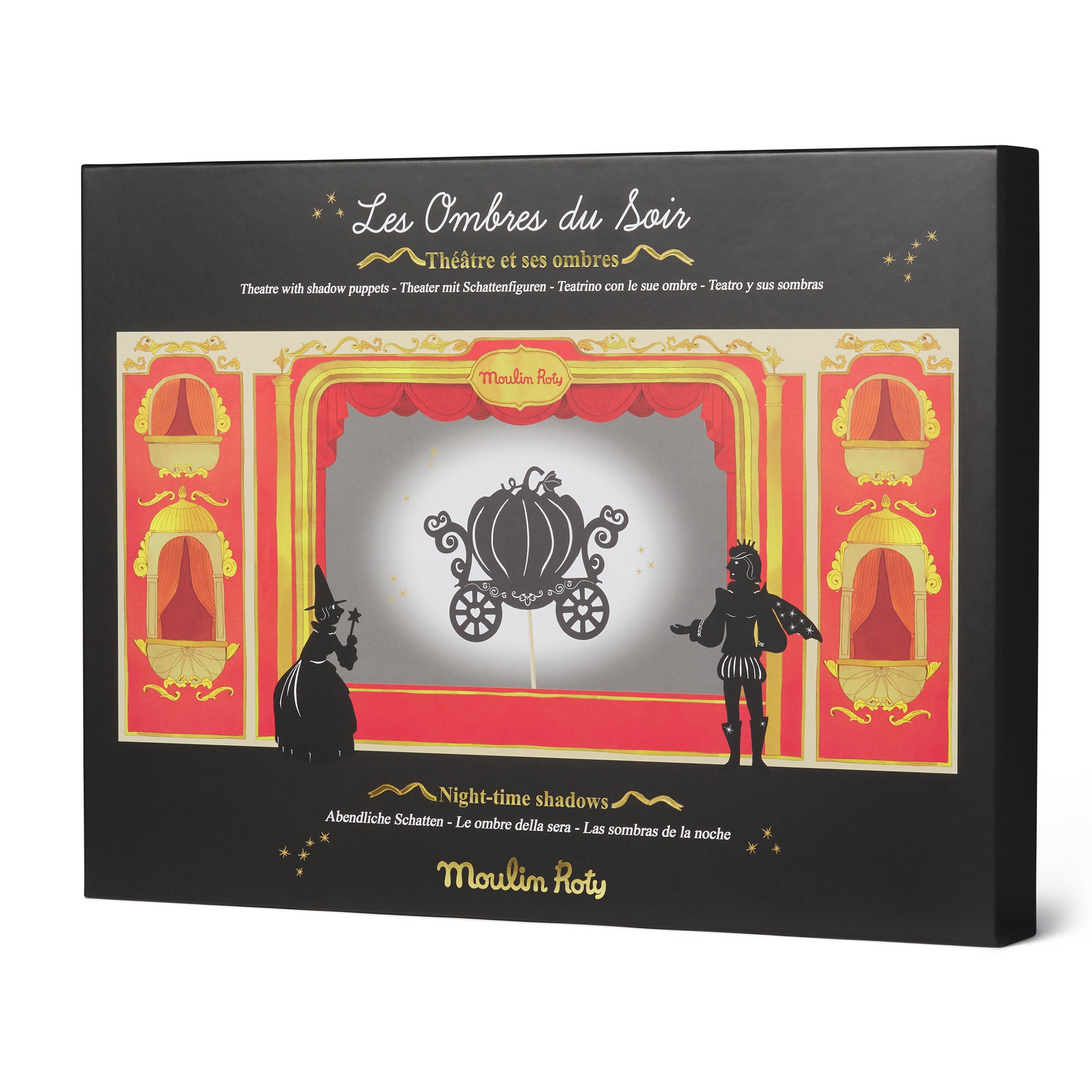 Shadow puppet theater set with 'Les Ombres du Soir' branding on a black background Film Gifts Toys for Kids