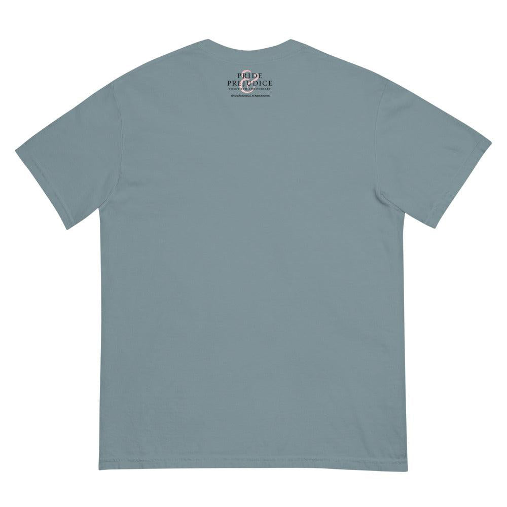 Plain light blue t-shirt with a logo on the back against a white background this is a view of the back of the t-shirt