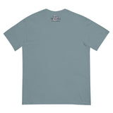 Plain light blue t-shirt with a logo on the back against a white background this is a view of the back of the t-shirt