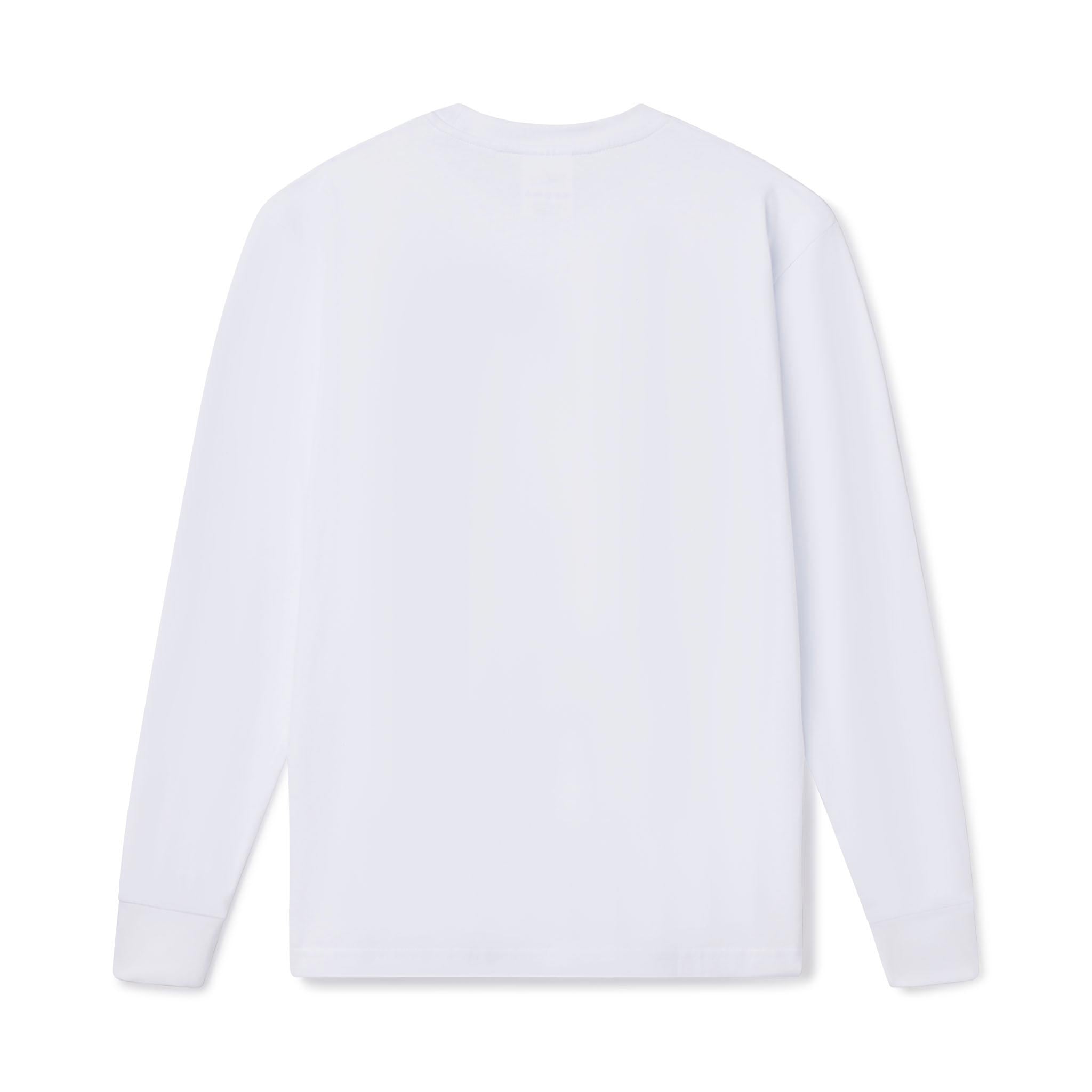 White long-sleeve shirt on a white background - this is the back of the tee.