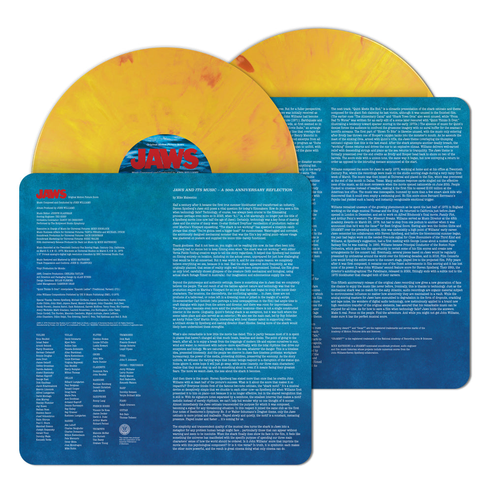 Vinyl records with yellow and blue covers featuring 'Jaws' branding.