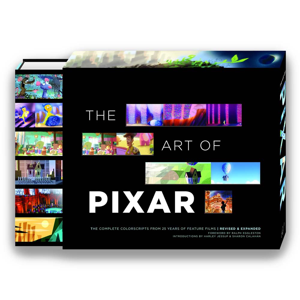 Book titled 'The Art of Pixar' with colorful illustrations on a black background