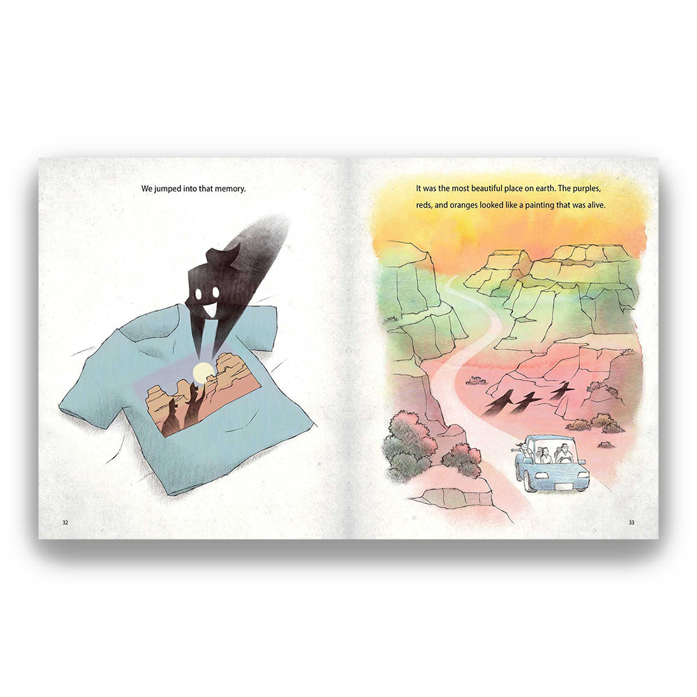 Open book with illustrations and a t-shirt featuring a similar design.