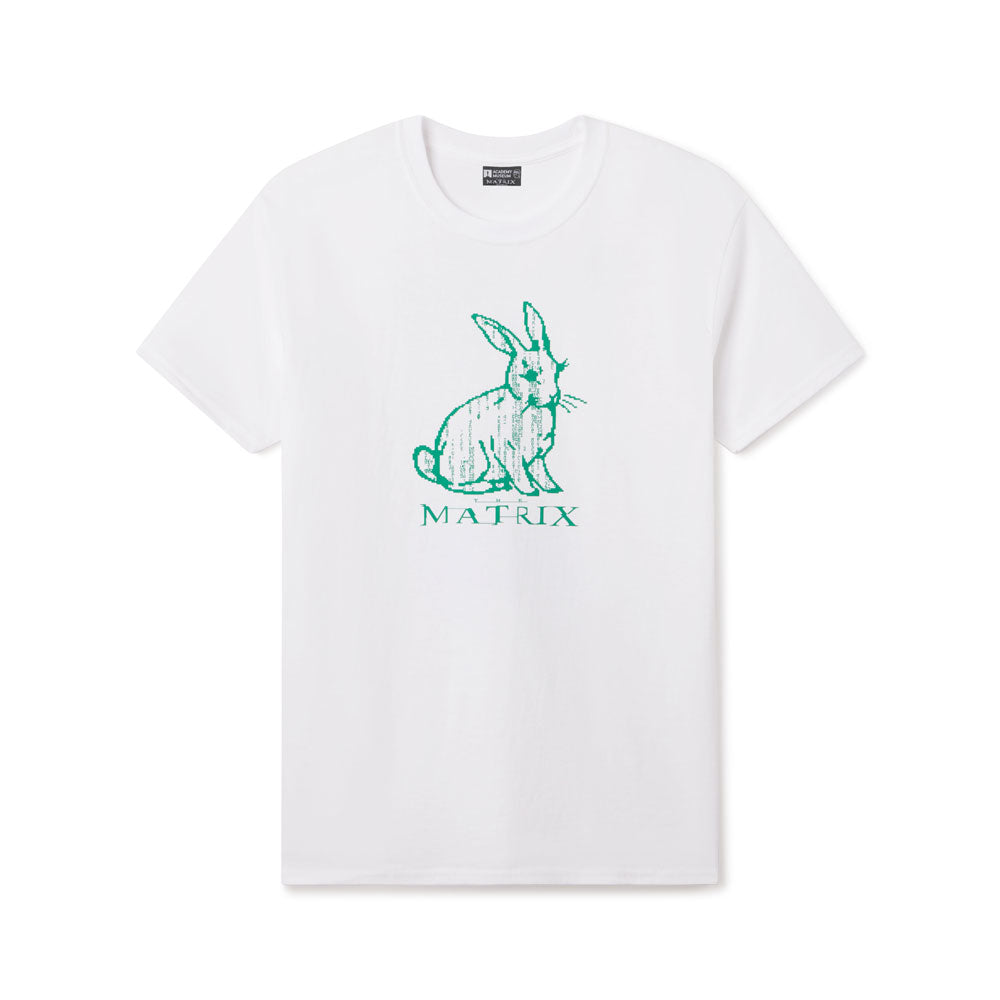 White t-shirt with green rabbit graphic and 'Matrix' text on a white background. sketch of the white rabbit from the movie The Matrix designed by Brain Dead Studio Los Angeles and exclusive for the Academy Museum. Adult Men's tshirt.