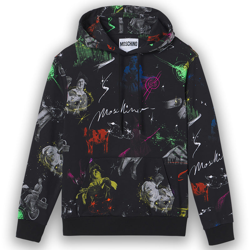 Black hoodie with colorful graphic design and Moschino branding on a white background The Wizard of Oz print designed by Moschino Jeremy Scott.