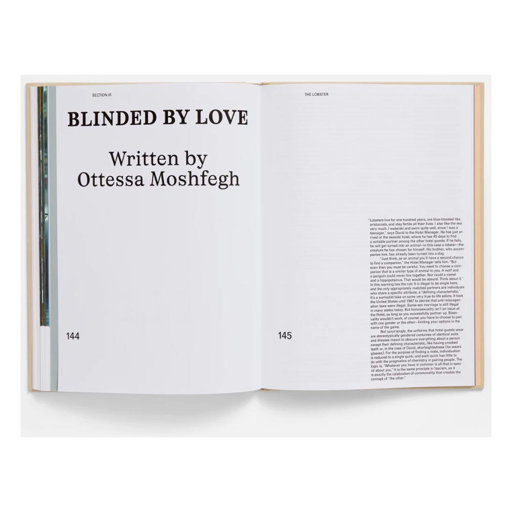 Open book showing a title page with text 'Blinded by Love' and 'Written by Ottessa Moshfegh'.