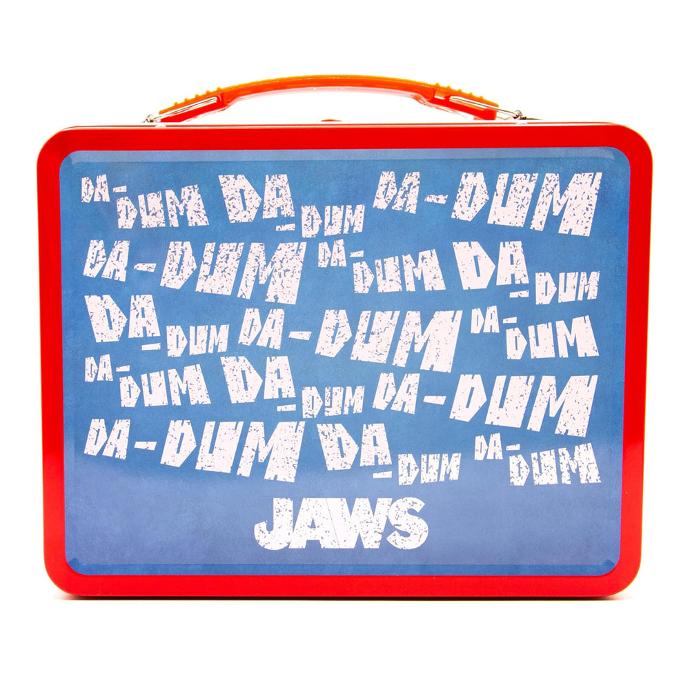 Tin lunch box with 'Jaws' text design on a blue background