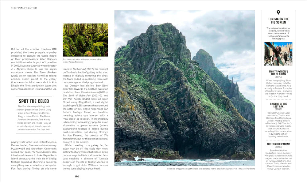 Magazine layout with a scenic photograph of a mountainous landscape and text on the left.