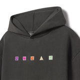 Black adult mens or womens hoodie with colorful logo on a white background
