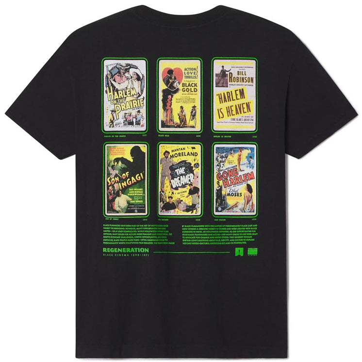 Black t-shirt with vintage movie poster graphics on the back against a white background