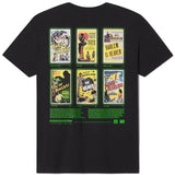 Black t-shirt with vintage movie poster graphics on the back against a white background
