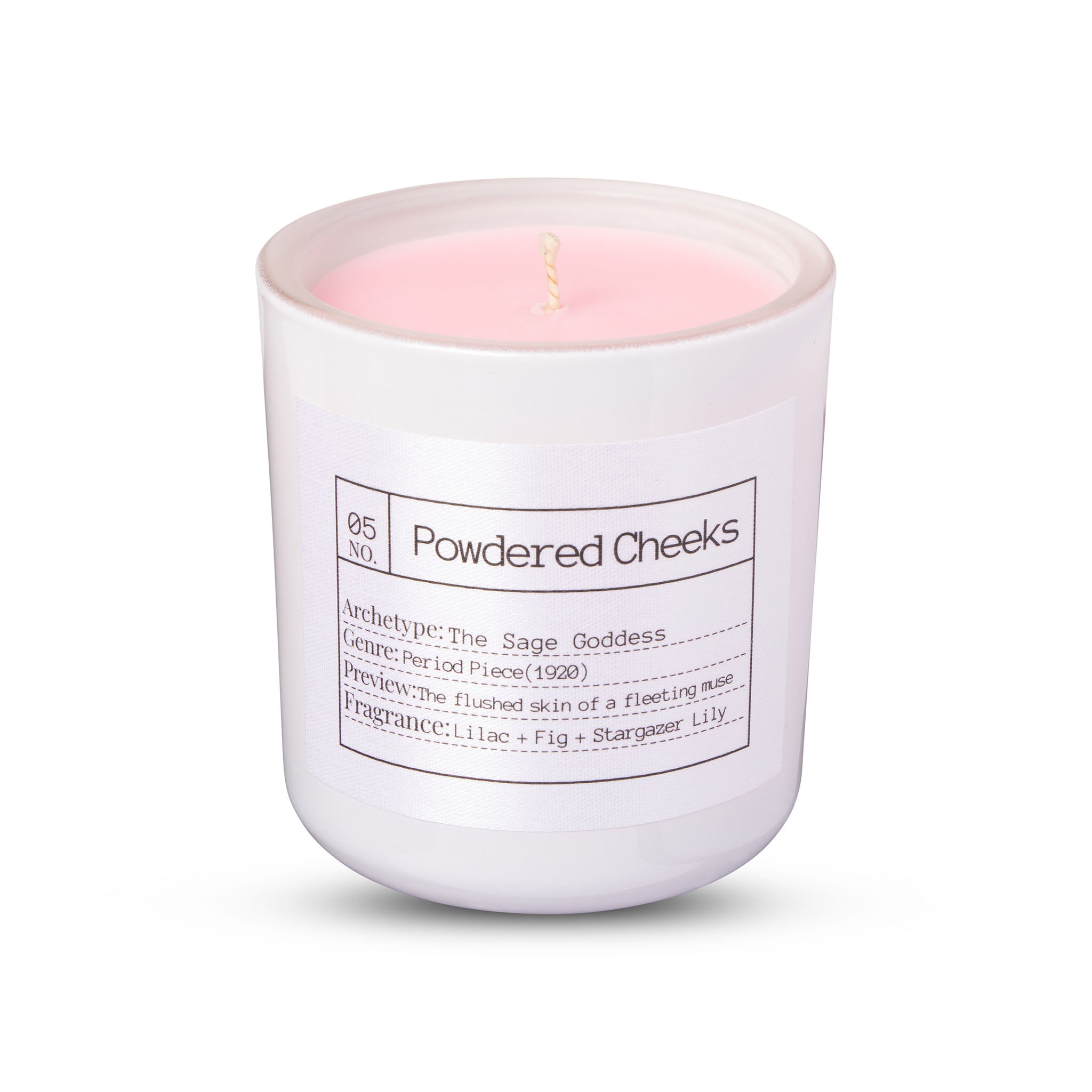 Candle in a white container labeled 'Powdered Cheeks' on a white background FLORES LANE MOVIE GENRE SCENTED CANDLE: PERIOD MOVIE | ACADEMY MUSEUM