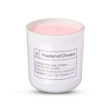Candle in a white container labeled 'Powdered Cheeks' on a white background FLORES LANE MOVIE GENRE SCENTED CANDLE: PERIOD MOVIE | ACADEMY MUSEUM