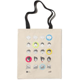 Beige tote bag with illustrated faces and icons the characted from Laika Animation Studio on a white background