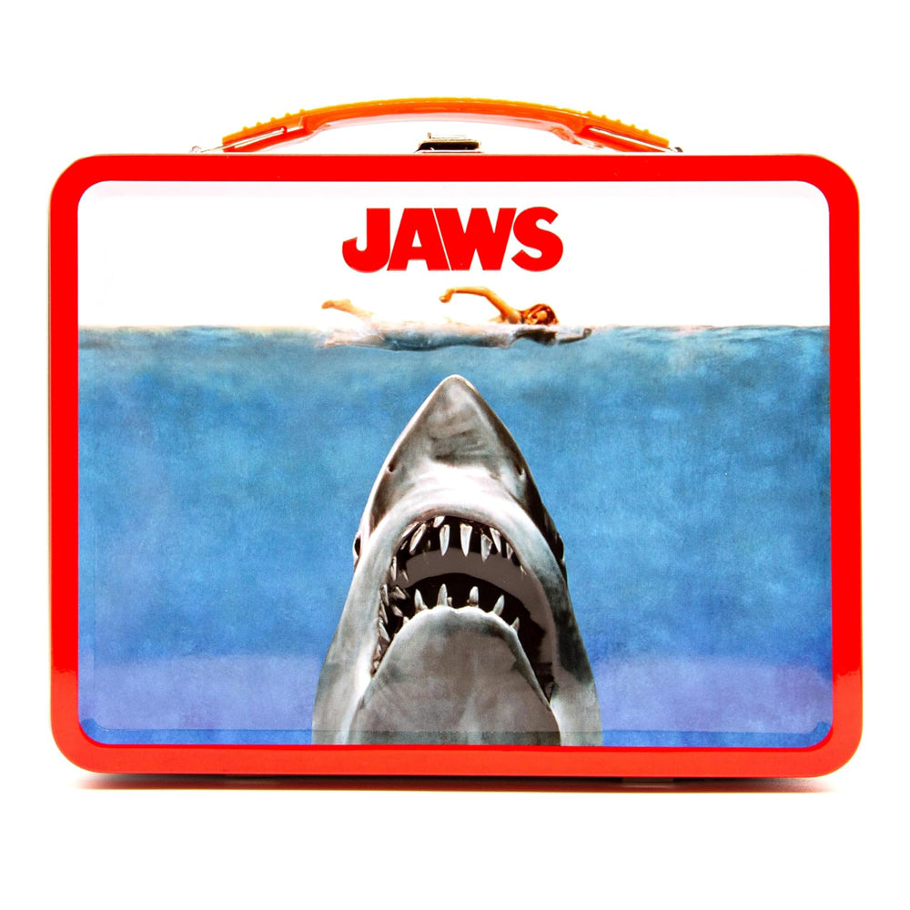 Lunch box with 'JAWS' design featuring a shark and people in the water. Vintage Lunch Boxes 70's. Vintage metal lunchboxes 80's.