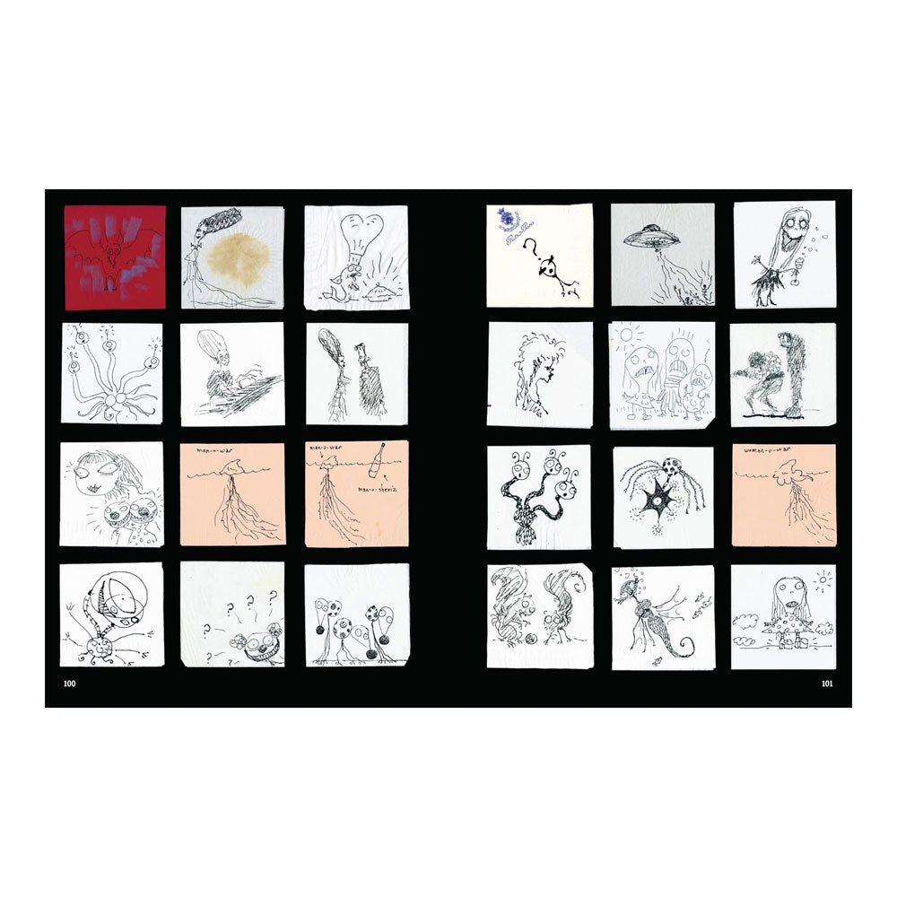 Grid of black and white illustrations on a white background