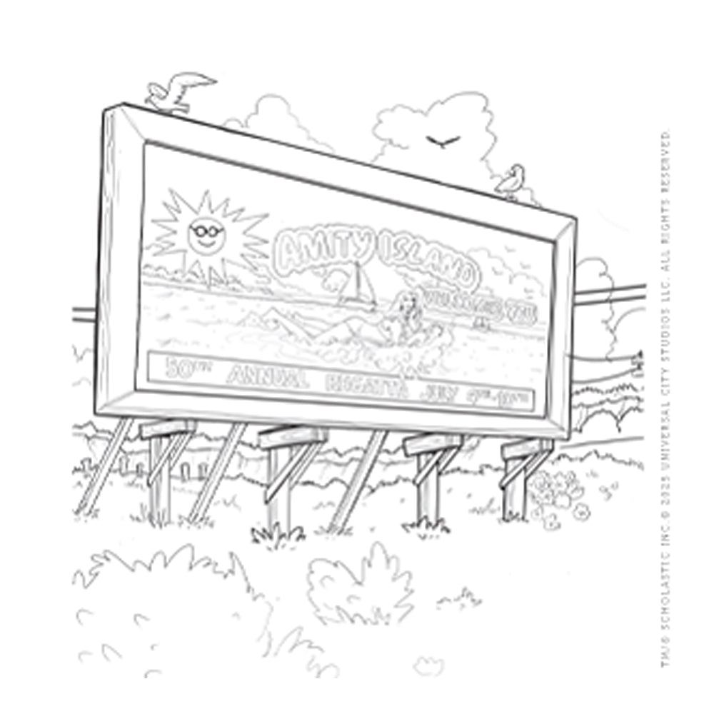 Blank Coloring Book page of a billboard with 'Amity Island' text, surrounded by nature from  the movie Jaws (1975)