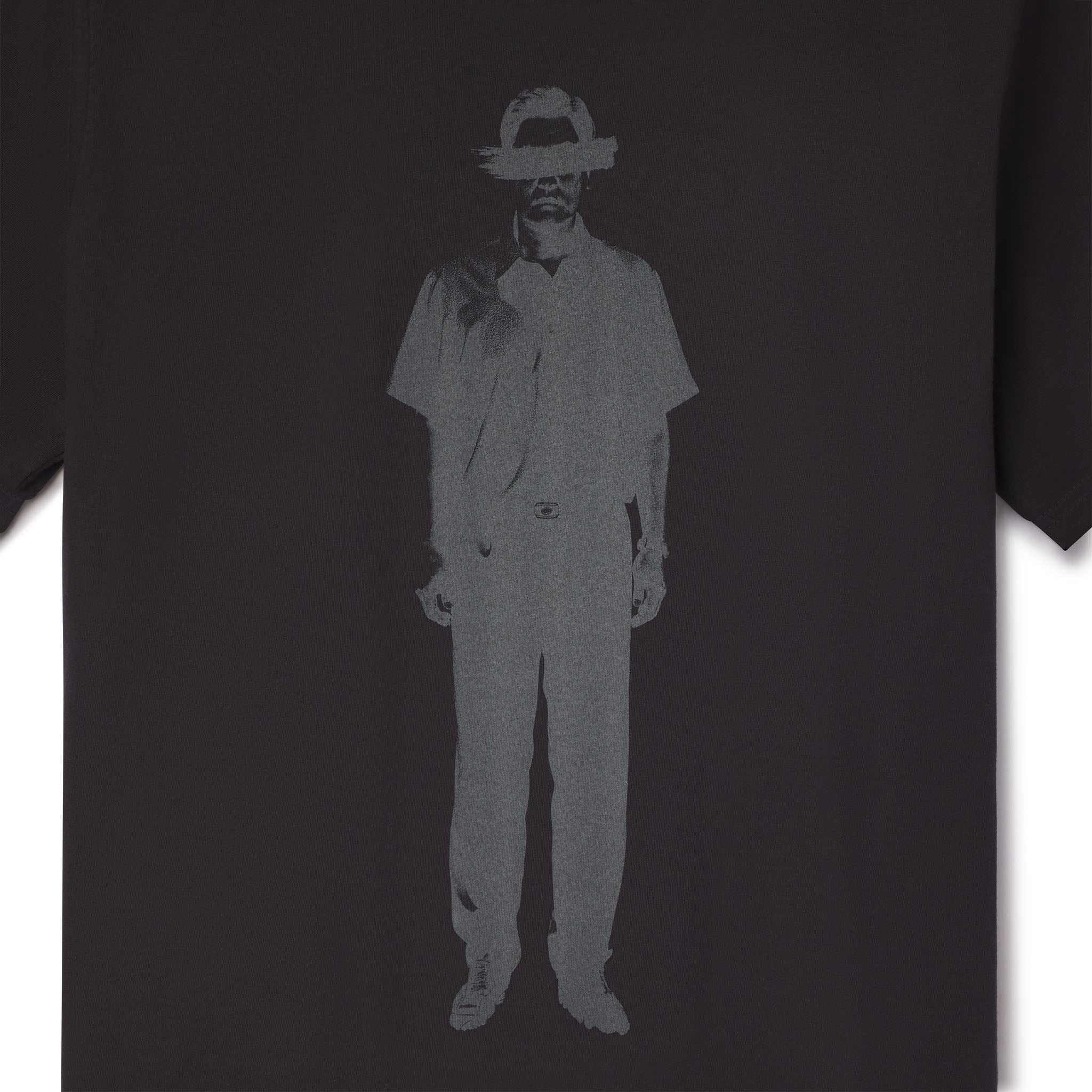Black t-shirt with a white graphic of a person wearing a hat on a plain background image of mr. Kim from the movie Parasite