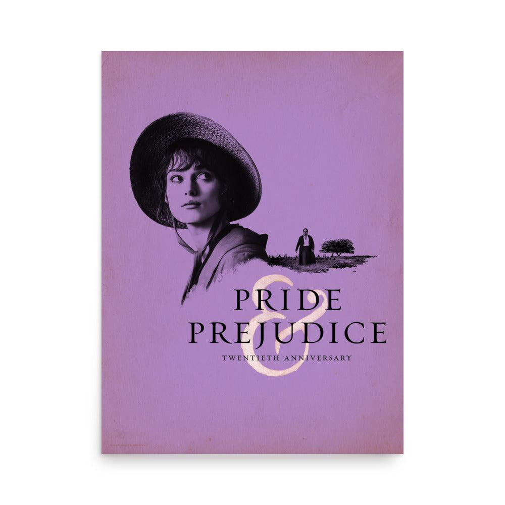 Book cover of 'Pride & Prejudice' with a purple background and silhouette of a woman and man. 20th anniversary edition poster print of Pride & Prejudice at the Academy Museum Store.