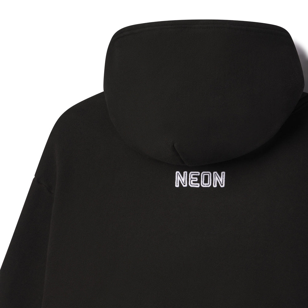 Black hoodie with 'NEON' text on a white background. movie logo of the oscar winning film Parasite by director Bong Joon Ho.