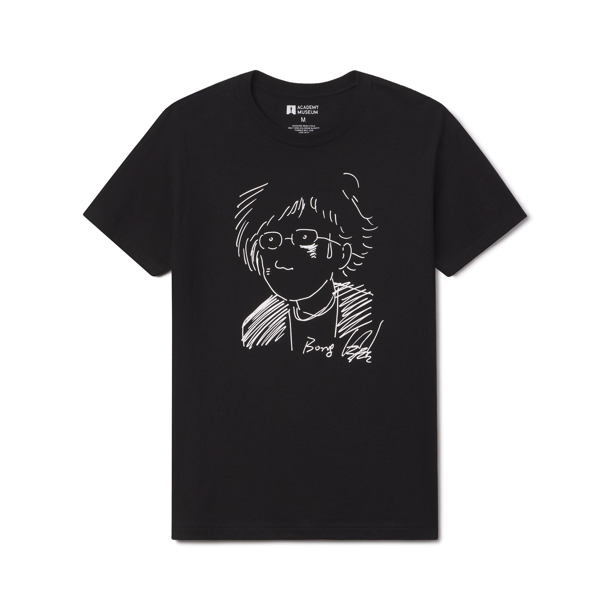 Adult Men's t-shirt Adult Women's t-shirt Black t-shirt with a white graphic of Academy Award Winning movie director Bong Joon Ho on a white background