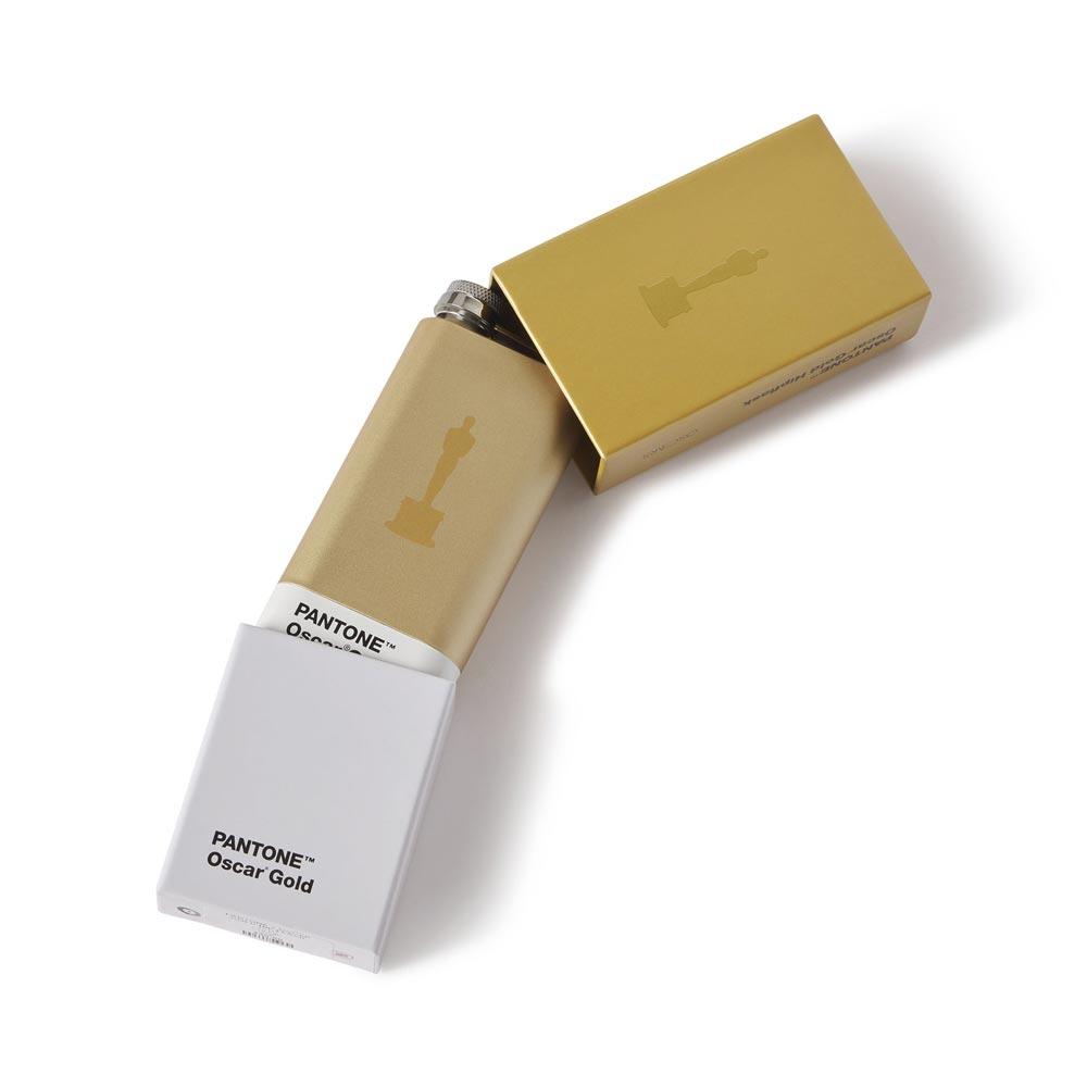 Pantone Oscar Gold flask with open gold logo box on a white background