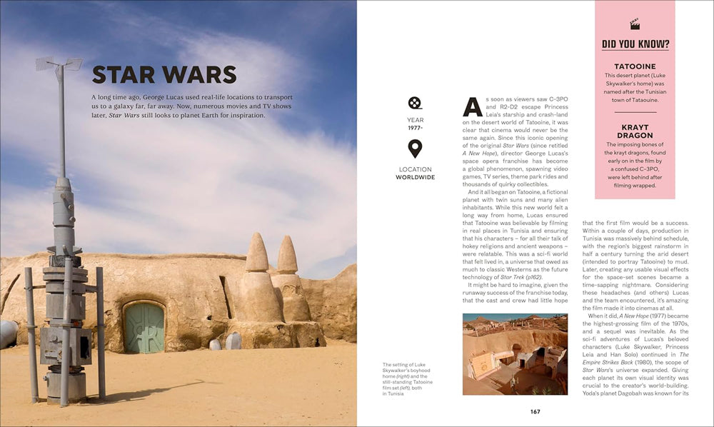 Page from a book or magazine featuring a Star Wars-themed structure in a desert landscape with text and graphics.