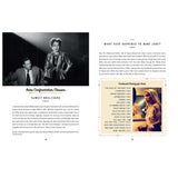 Page from a book or magazine featuring a black and white photo of two people and text on a white background.