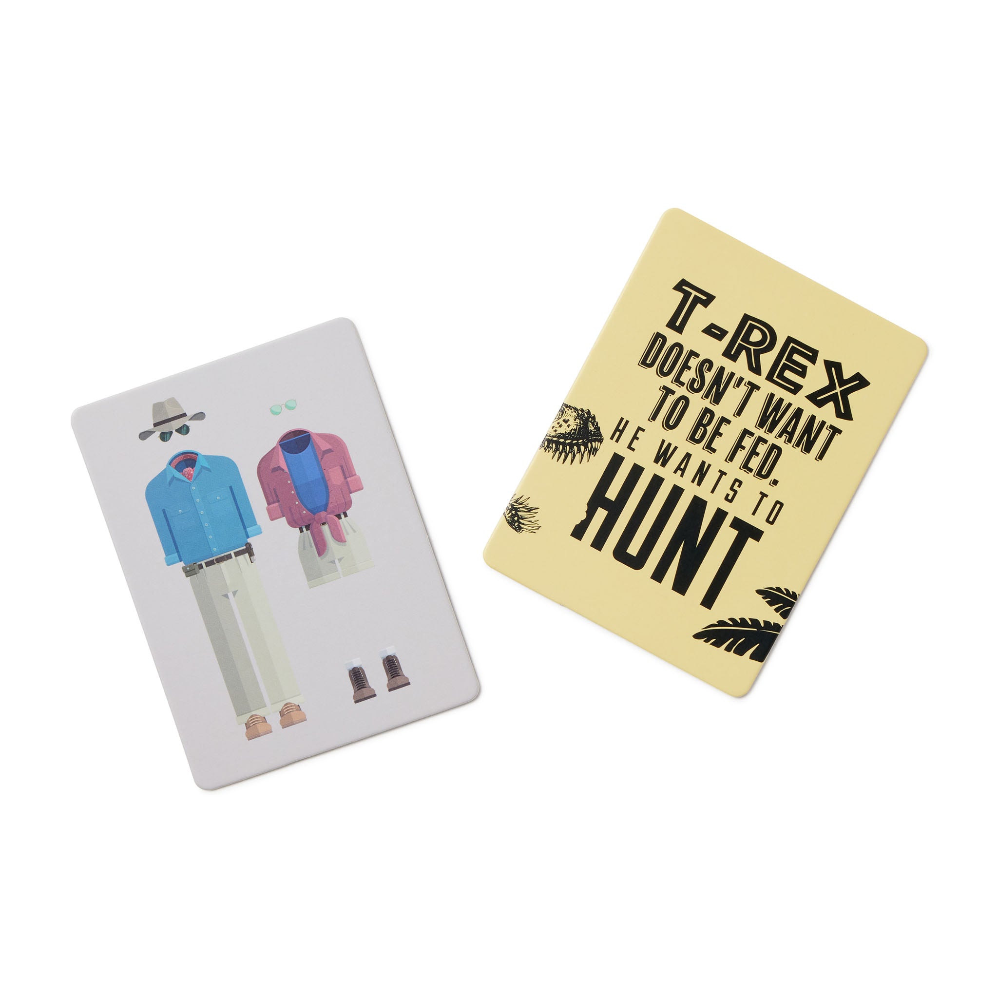 Two cards, one with a cartoon dinosaur and the other with text, on a white background.