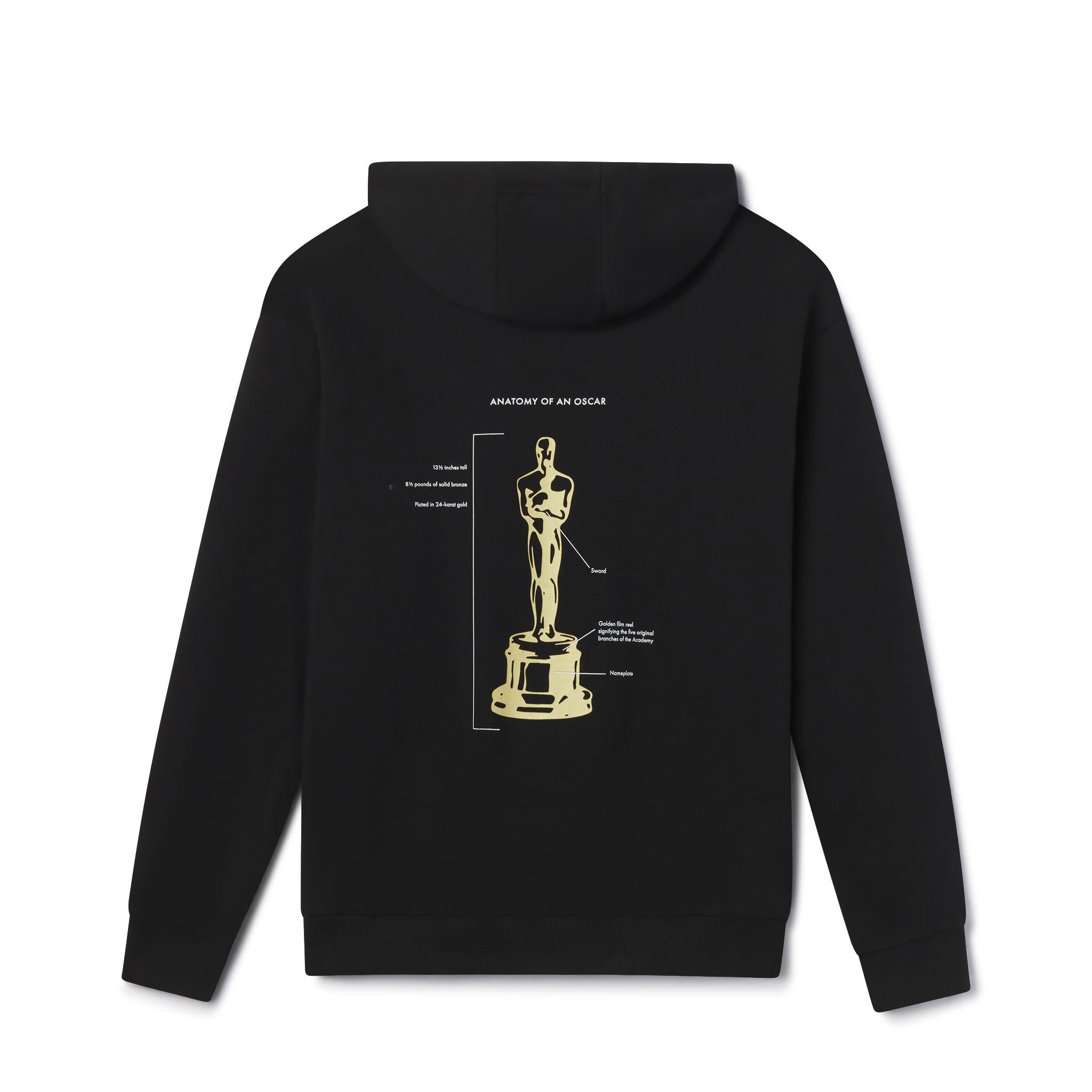 Men's Women's Adult Black hoodie with a gold Oscar statue design on the back against a white background