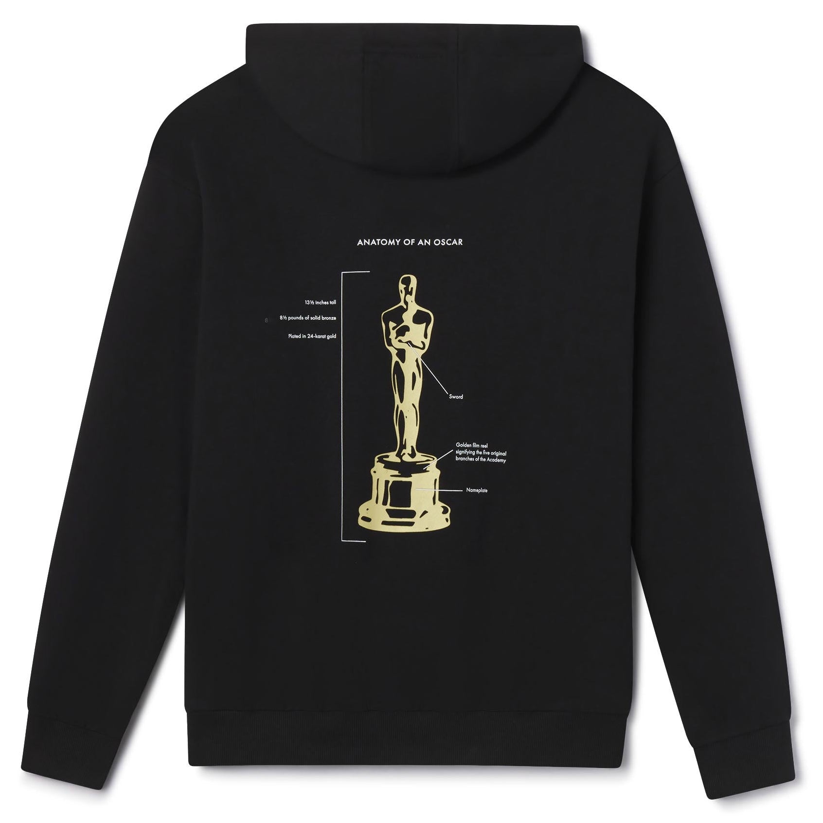 Men's Women's Adult Black hoodie with a gold Oscar statue design on the back against a white background