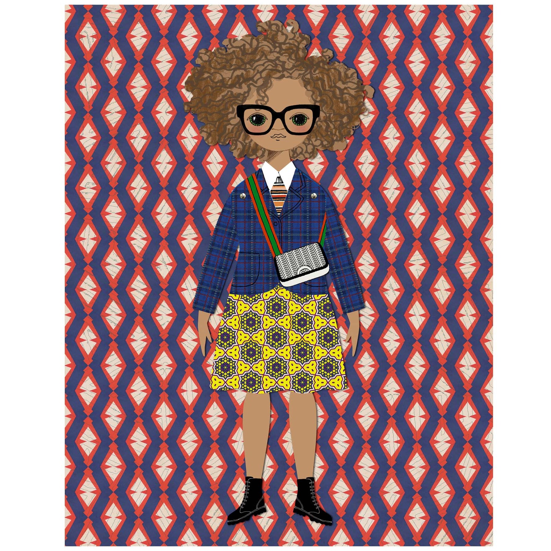 Illustration of Ruth Carter wearing glasses and a blue jacket on a patterned background
