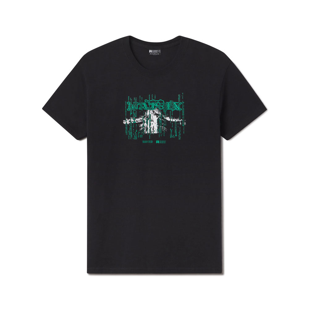 Black t-shirt with graphic design on a white background closeup image of Neo played by Keanu Reeves from the movie The Matrix an exclusive design by Brain Dead Adult Men's Tshirt Women's Tshirt