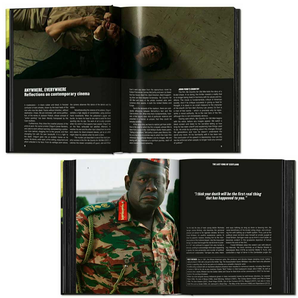 Open book showing a scene with a person lying on the ground and text, followed by a person in military uniform with text.