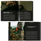 Open book showing a scene with a person lying on the ground and text, followed by a person in military uniform with text.