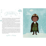 Illustrated book page featuring a young girl in pilot attire with text and graphics on a light blue background.