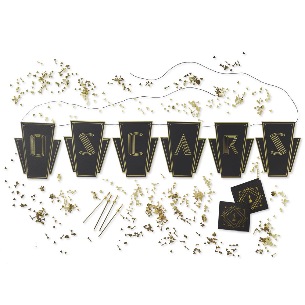 Decorative banner with 'Oscars' text and confetti on a white background
