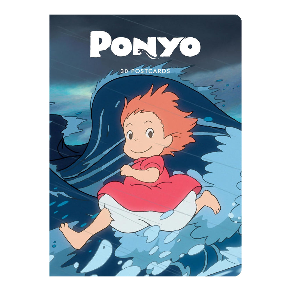 Ponyo postcard book with character on a wave, featuring the title 'Ponyo'.