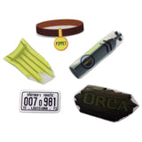 Collection of various items including a belt, license plate, and other accessories on a white background from the movie Jaws