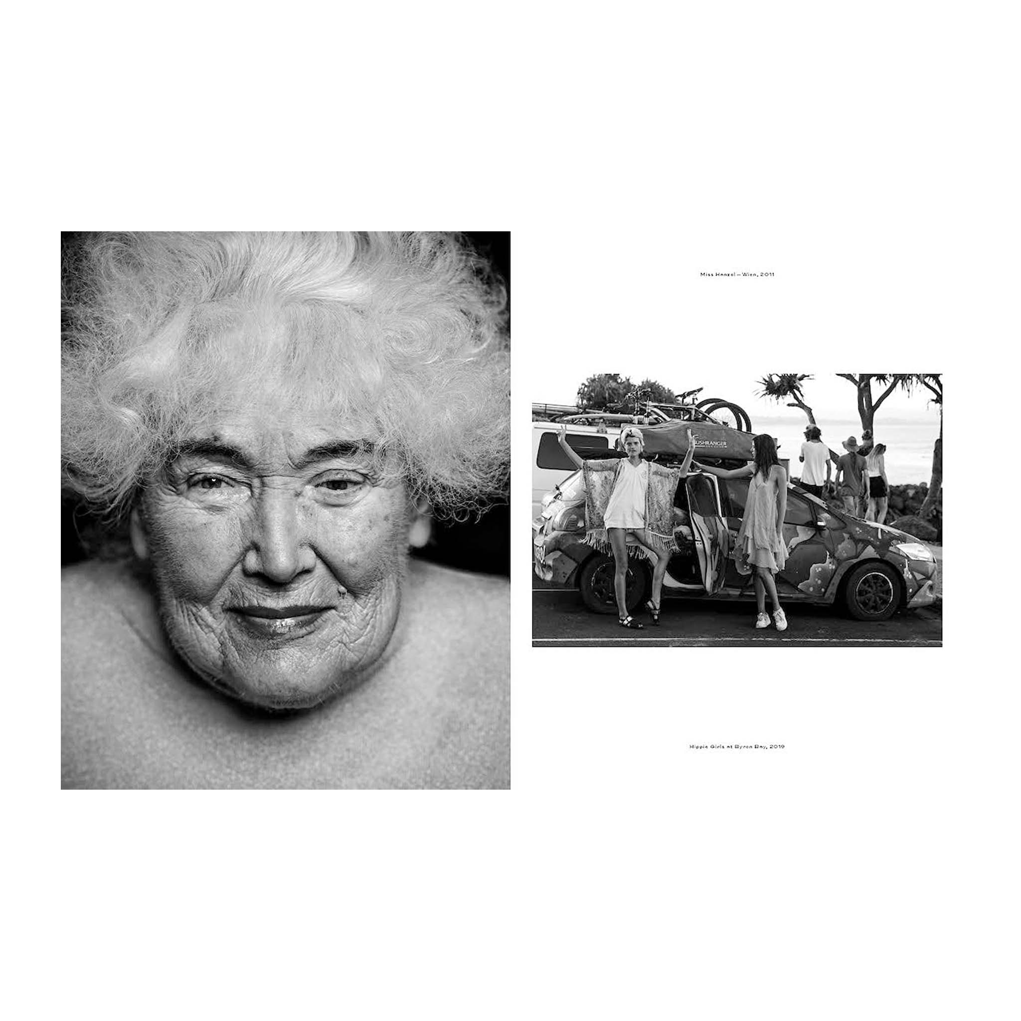 Black and white photo of an elderly woman with a smaller inset showing people by a van.
