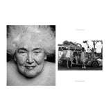 Black and white photo of an elderly woman with a smaller inset showing people by a van.