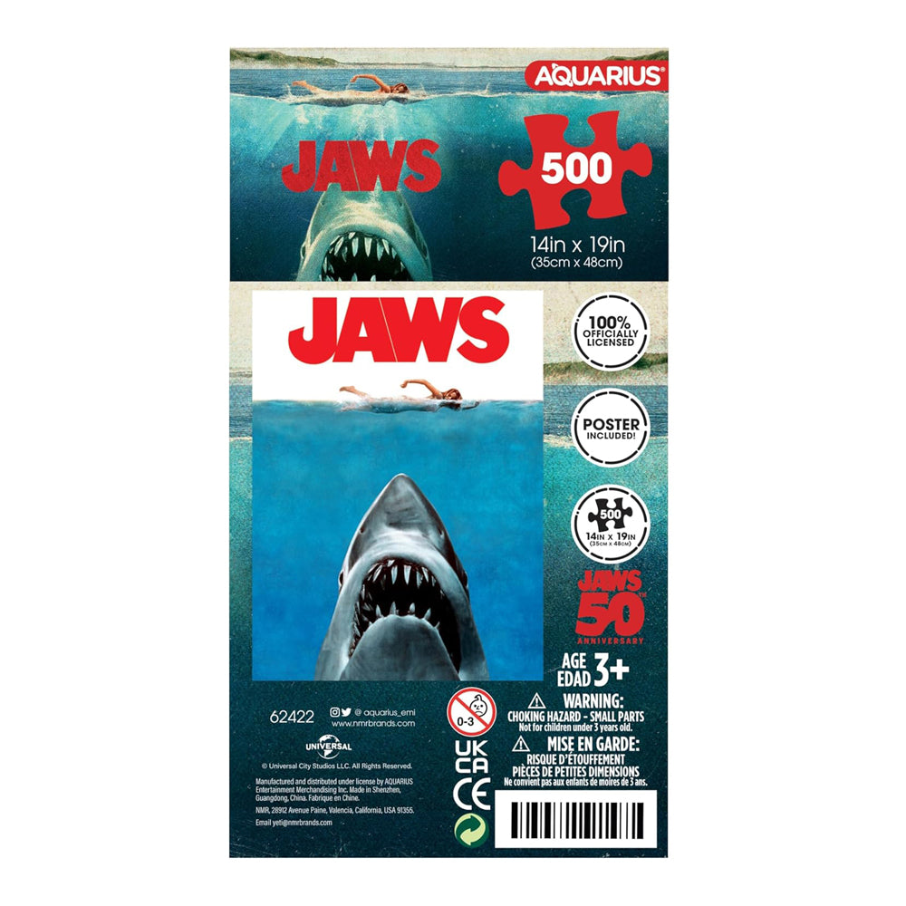 Jaws puzzle packaging with shark image and text on a white background