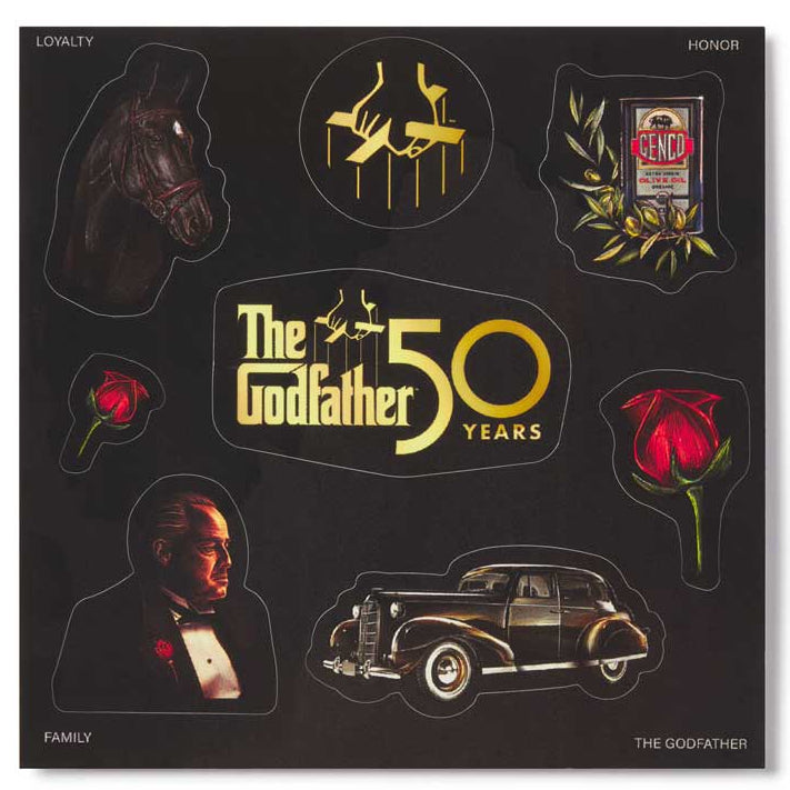 Collection of 'The Godfather' themed stickers on a black background