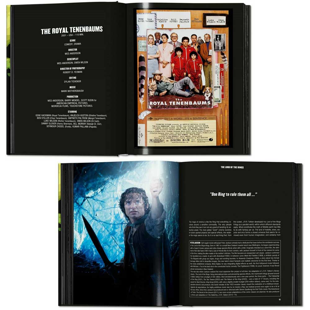 Open book showing movie posters for 'The Royal Tenenbaums' and 'The Lord of the Rings'.