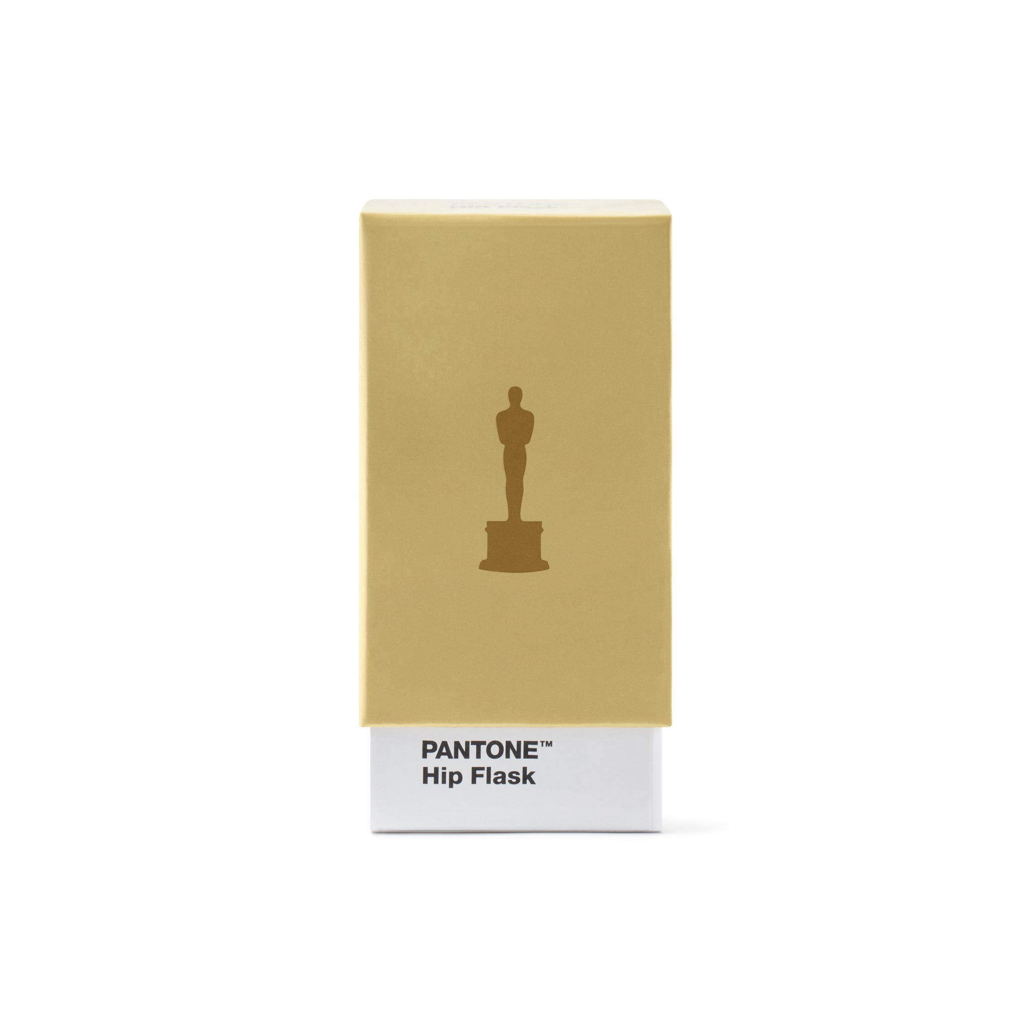 Pantone Hip Flask packaging with a gold color swatch and奥斯卡奖雕像 on a white background