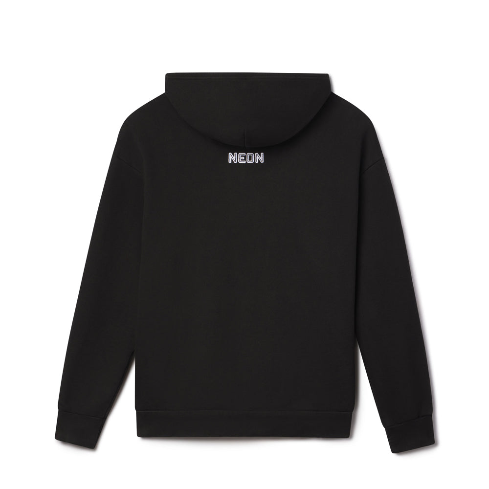 Black hoodie with 'NEON' logo on the back against a white background. movie logo of the oscar winning film Parasite by director Bong Joon Ho.